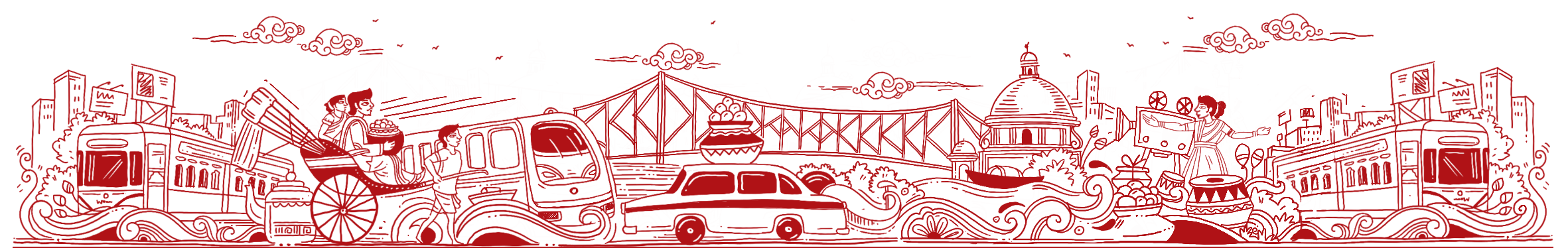 Illustration of a cityscape with various vehicles and buildings in red on a white background